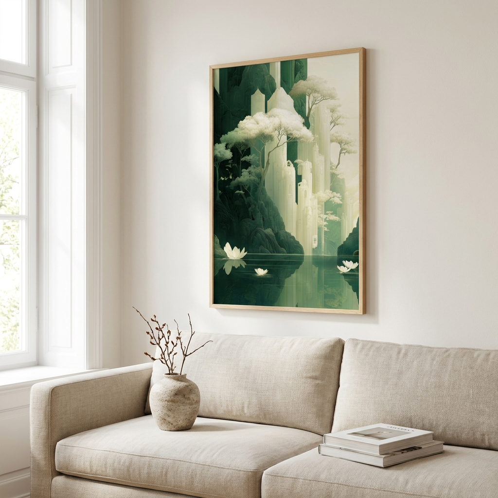 Serenity Forgotten Peaks Poster framed in an interior