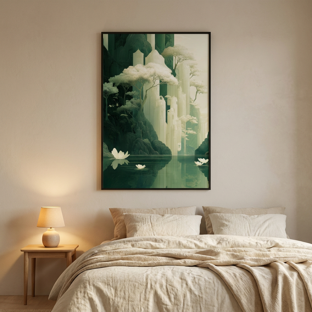 Serenity Forgotten Peaks Poster framed in an interior