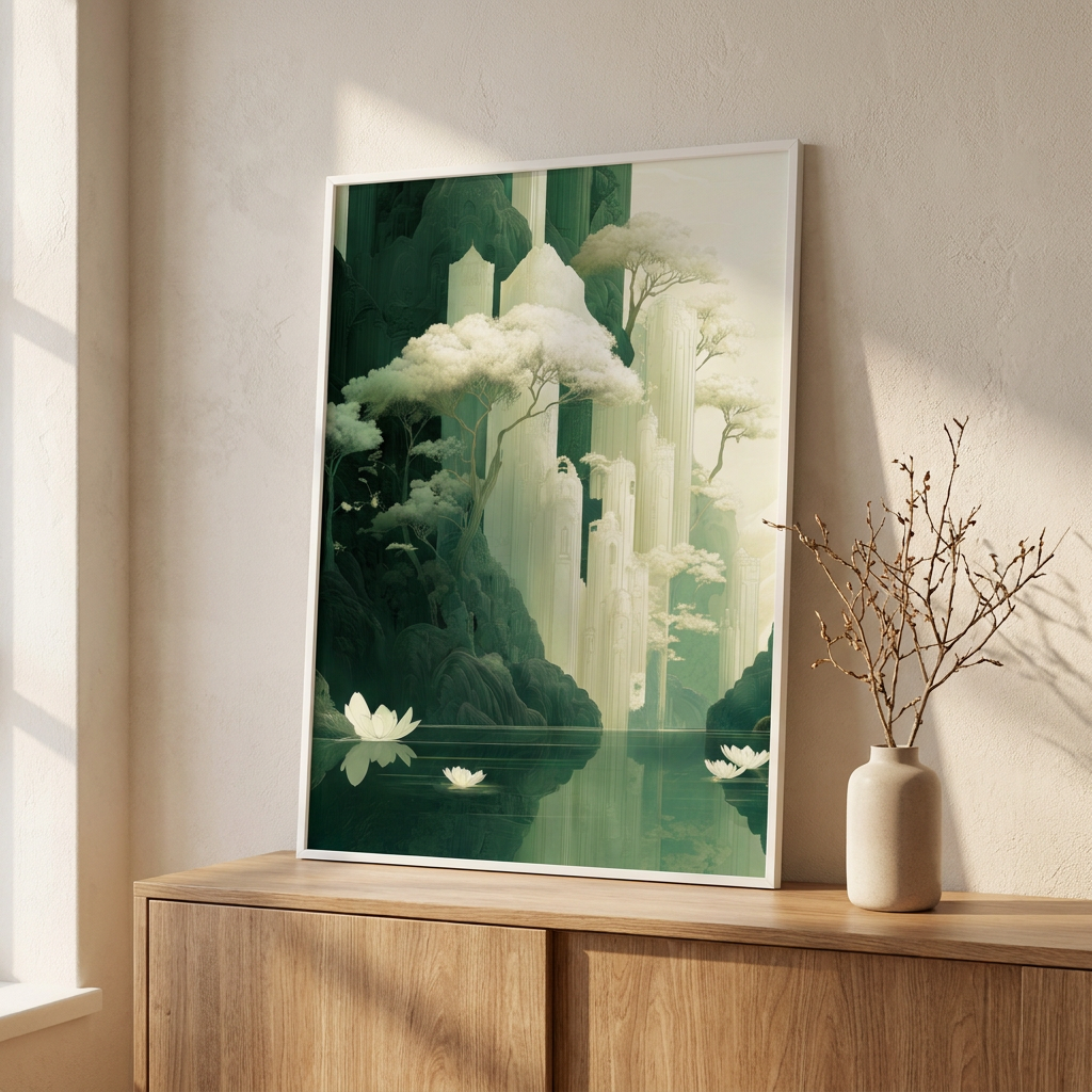 Serenity Forgotten Peaks Poster framed in an interior