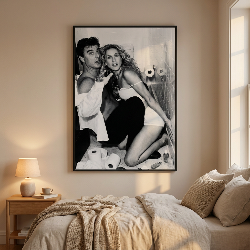 Bathroom Chaos Poster framed in an interior
