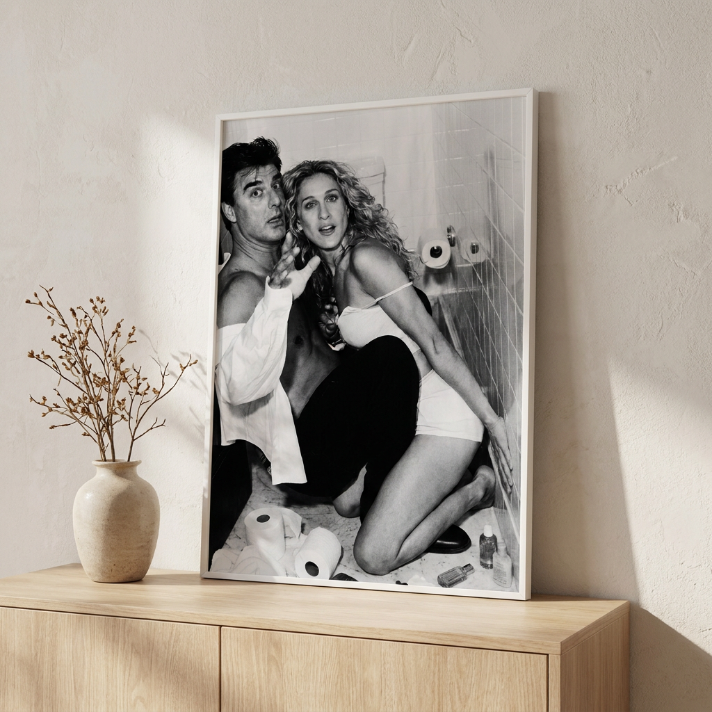 Bathroom Chaos Poster framed in an interior