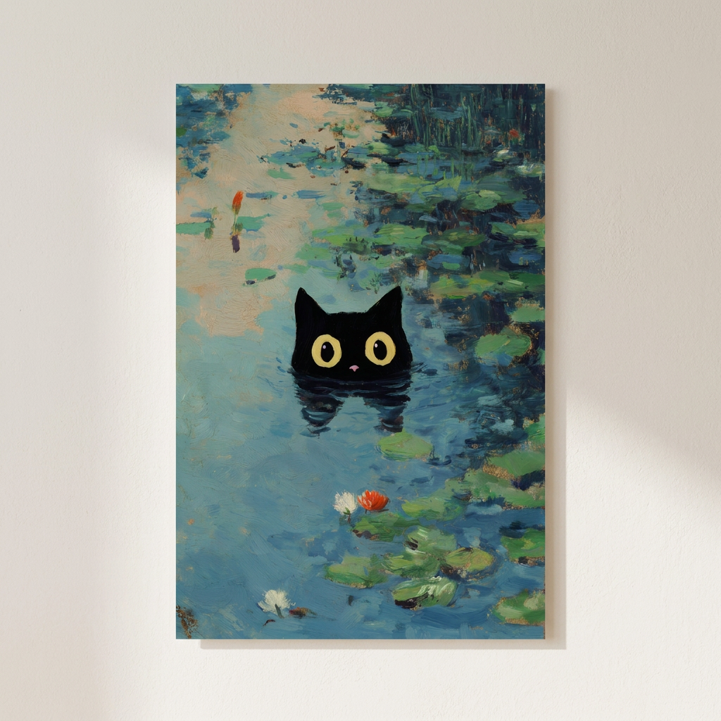Waterlily Cat Poster shown cleanly on a wall