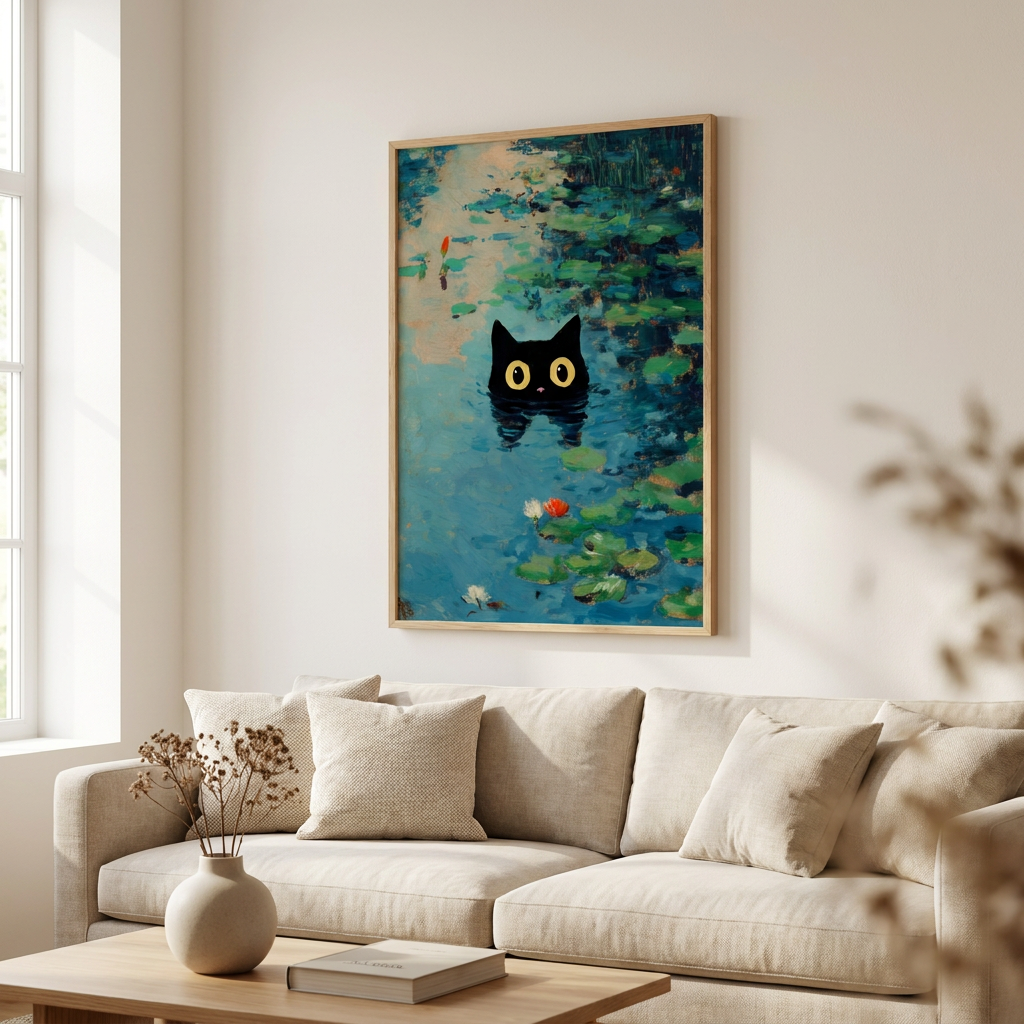 Waterlily Cat Poster framed in an interior