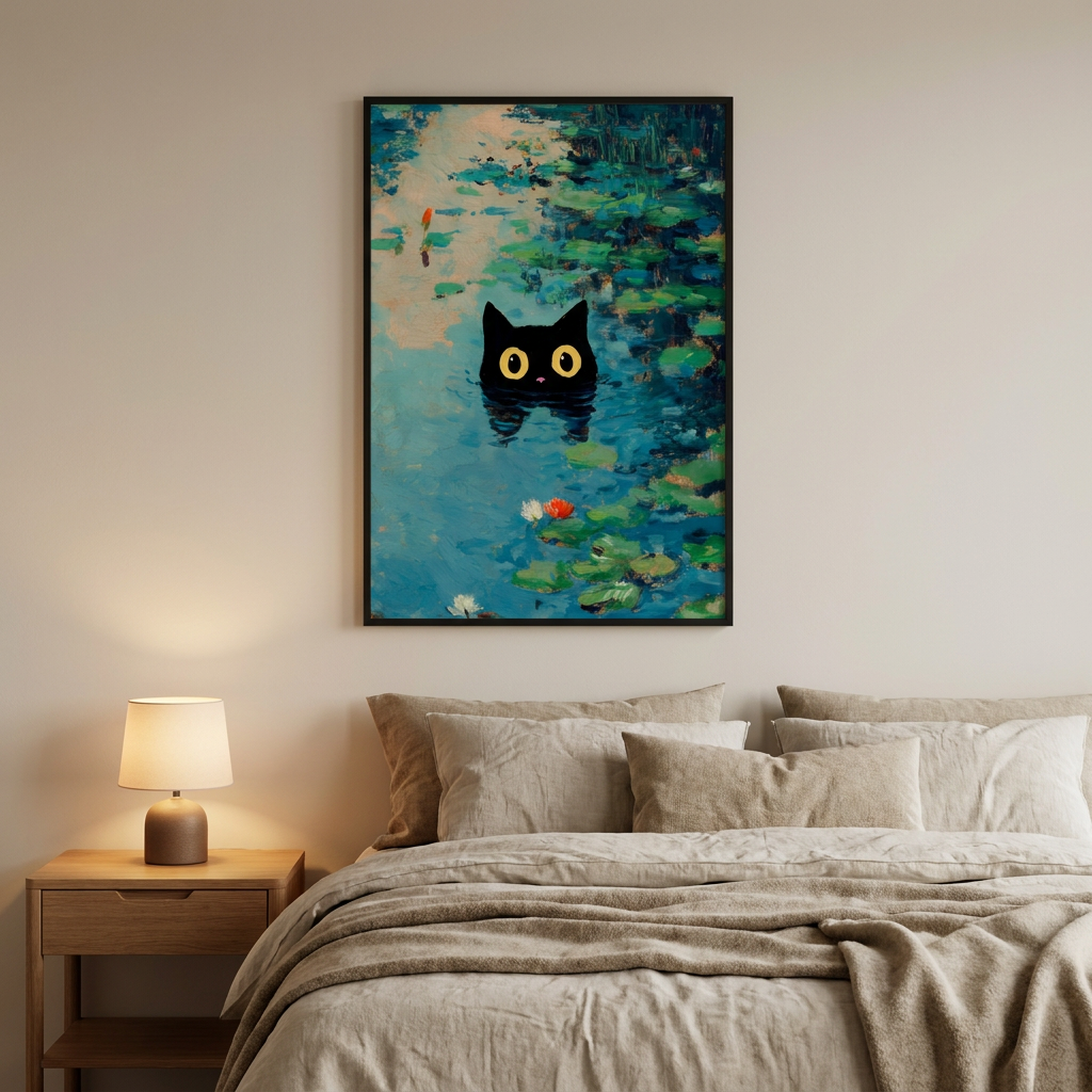 Waterlily Cat Poster framed in an interior
