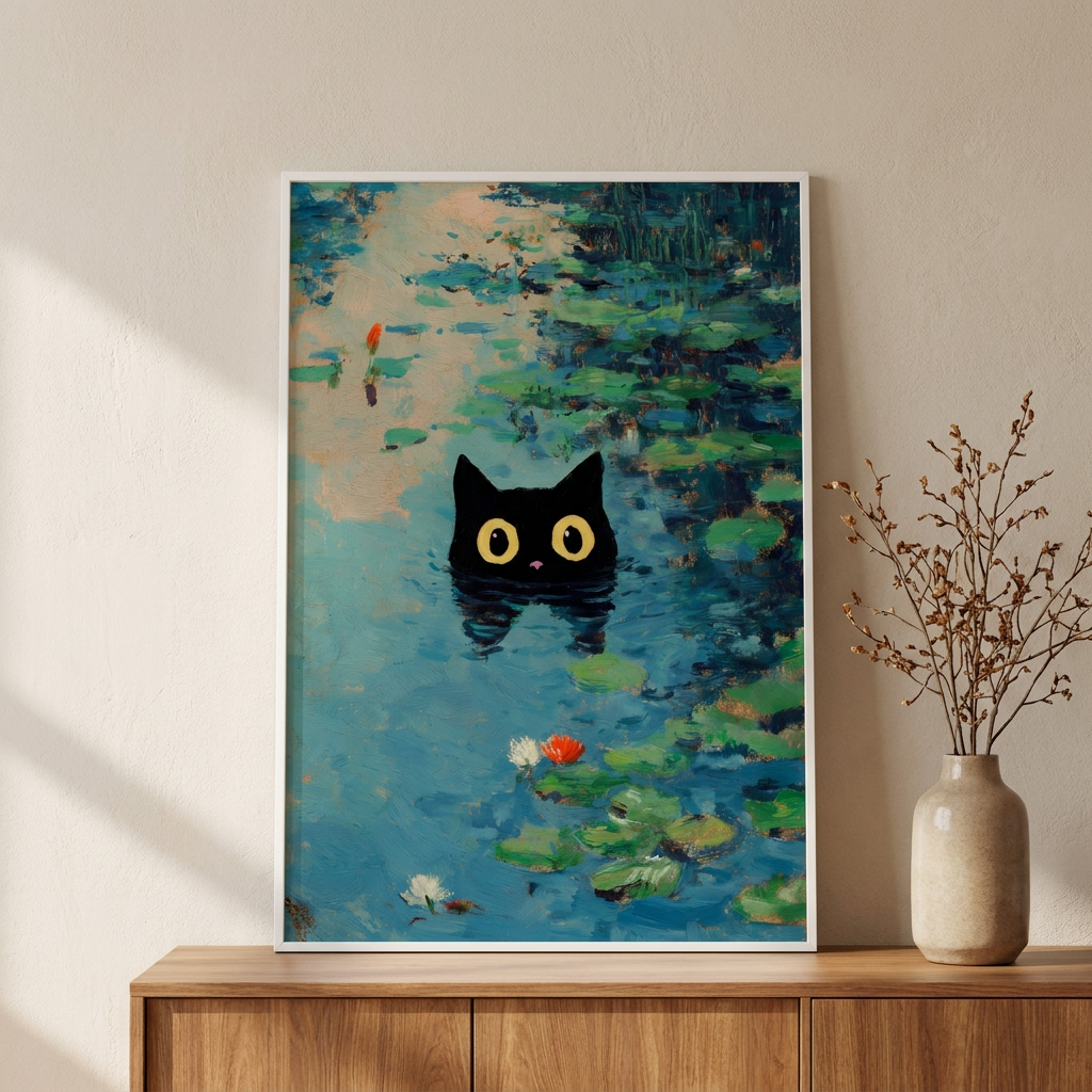 Waterlily Cat Poster framed in an interior