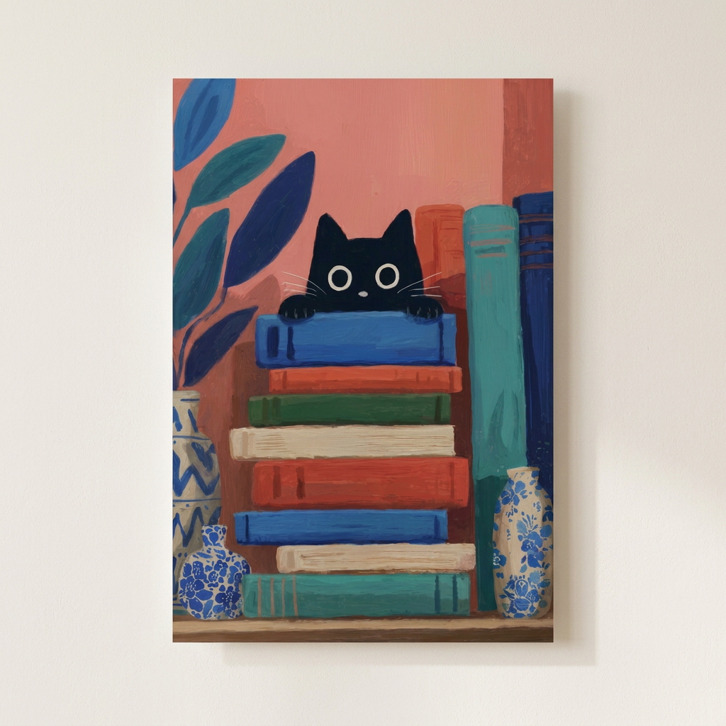 Curious Book Cat Poster shown cleanly on a wall