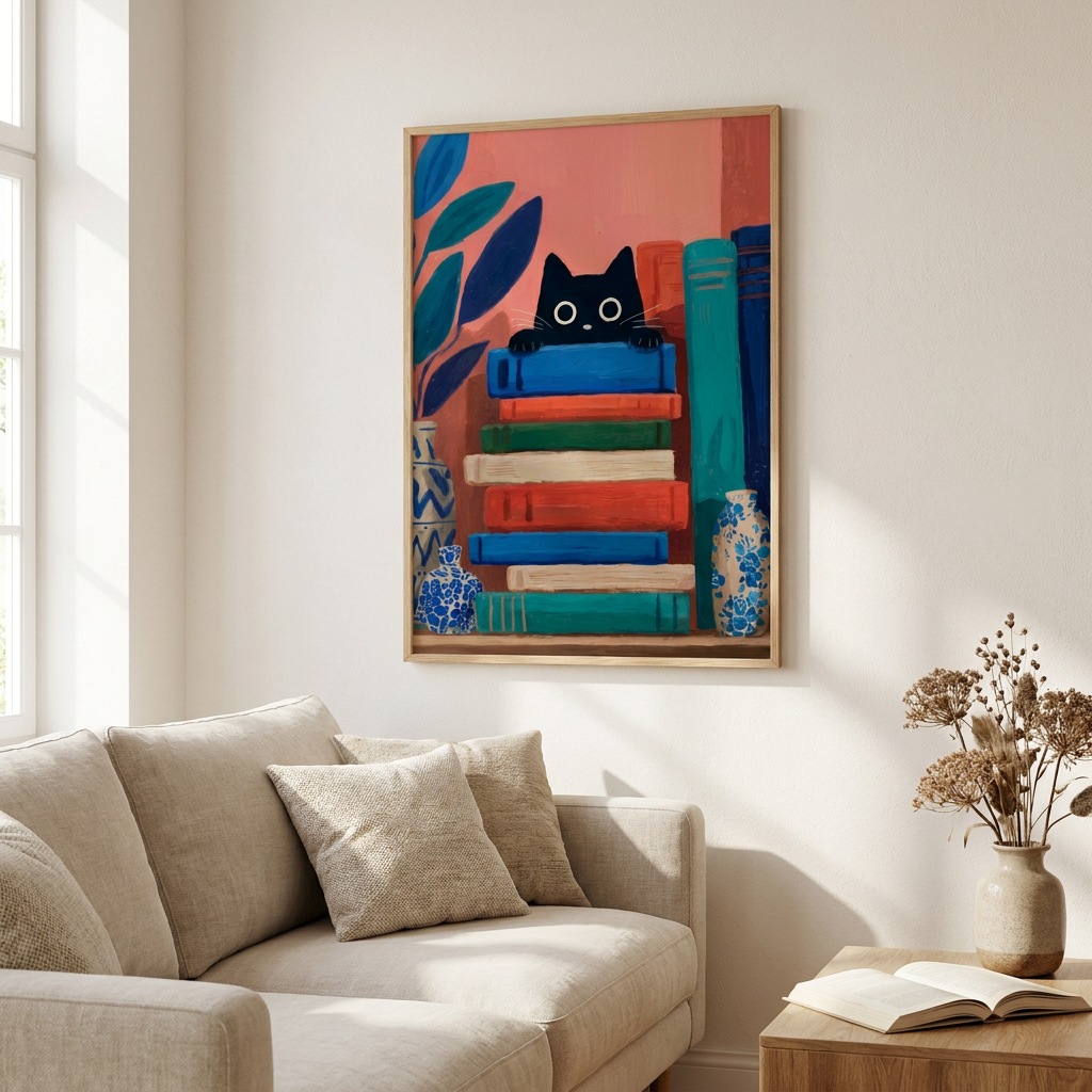 Curious Book Cat Poster framed in an interior