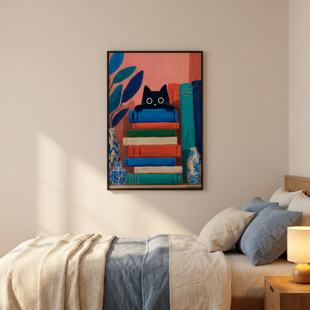 Curious Book Cat Poster framed in an interior