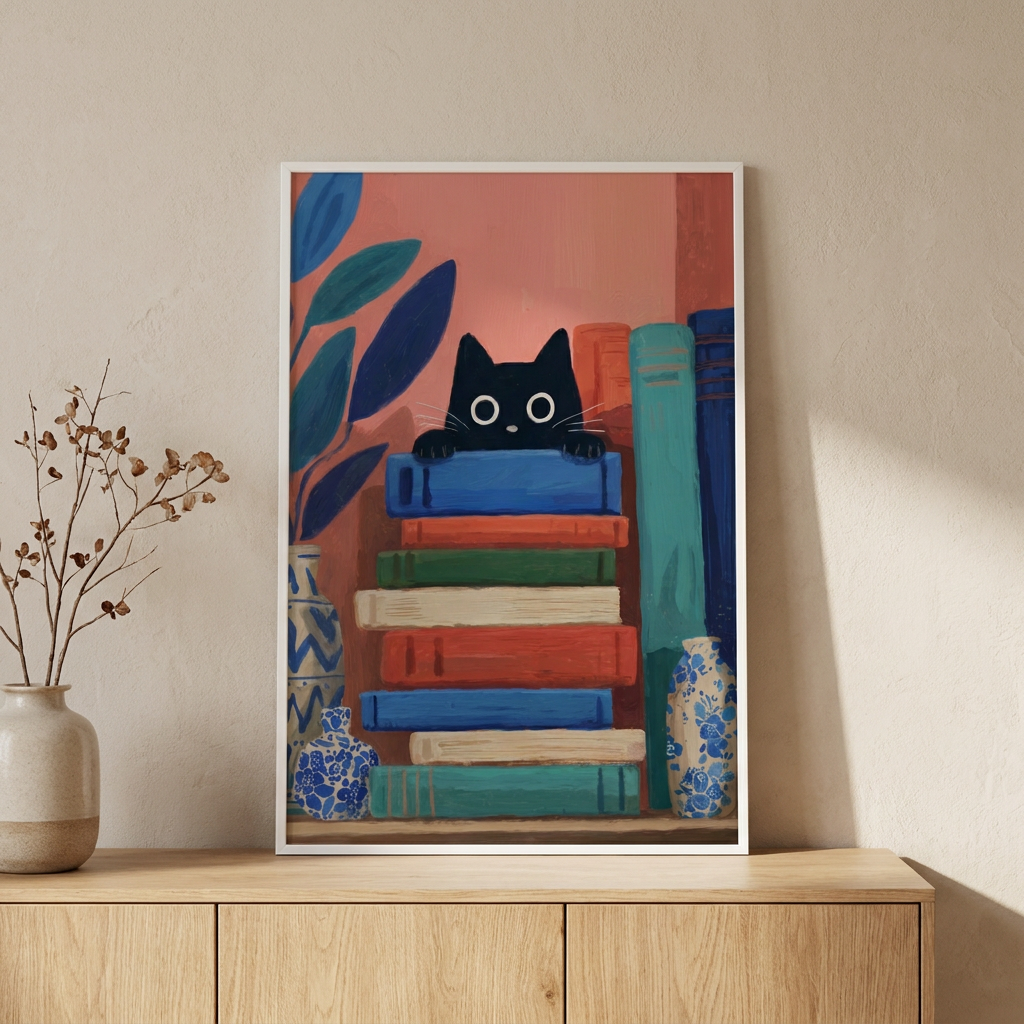Curious Book Cat Poster framed in an interior